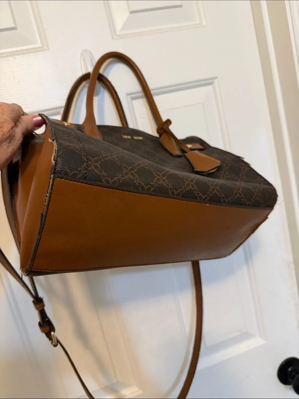 Nine West Brown Monogram Satchel with Tan Trim